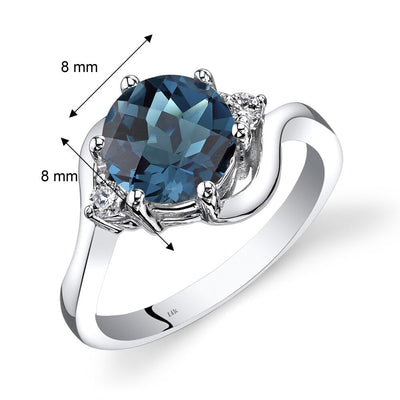 14K White Gold London Blue Topaz Diamond 3 Stone Ring 2.25 Carat