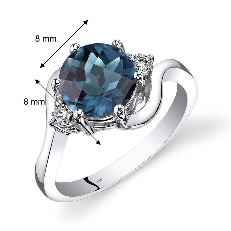 14K White Gold London Blue Topaz Diamond 3 Stone Ring 2.25 Carat