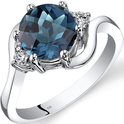 14K White Gold London Blue Topaz Diamond 3 Stone Ring 2.25 Carat