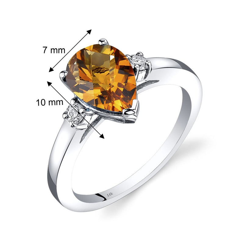 14K White Gold Citrine Diamond Tear Drop Ring 1.50 Carat