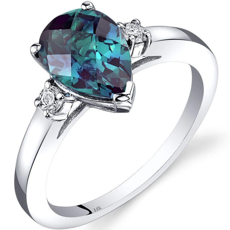 14K White Gold Created Alexandrite Diamond Tear Drop Ring 2.25 Carat