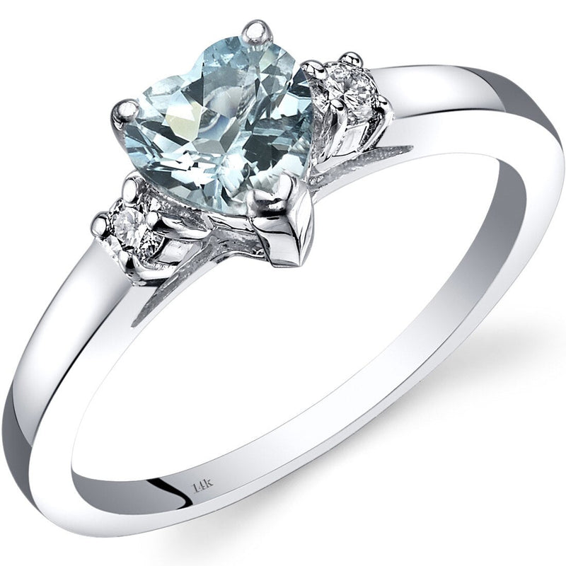 14K White Gold Aquamarine Diamond Heart Ring 0.75 Carat