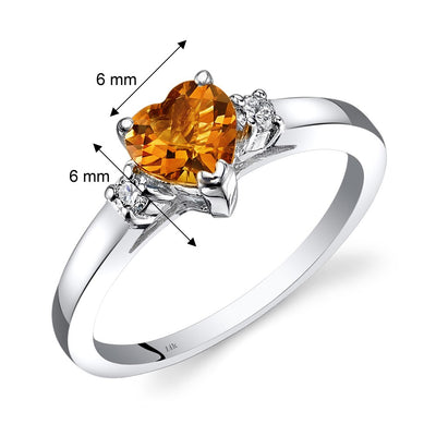 14K White Gold Citrine Diamond Heart Ring 0.75 Carat