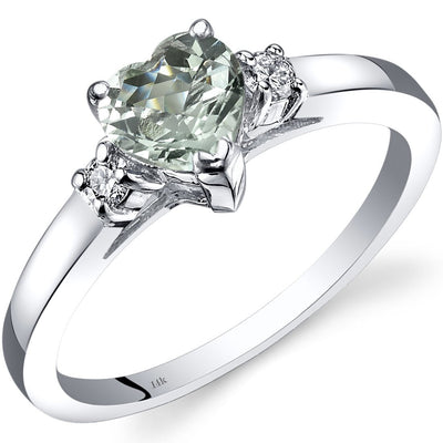 14K White Gold Green Amethyst Diamond Heart Ring 0.75 Carat