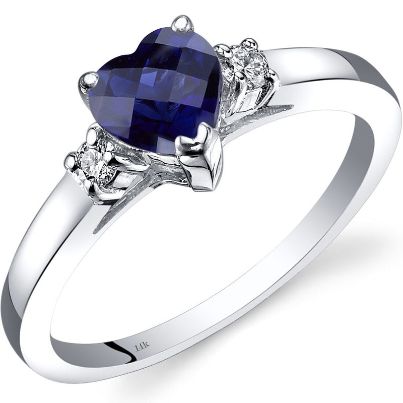 14K White Gold Created Blue Sapphire Diamond Heart Ring 1.00 Carat