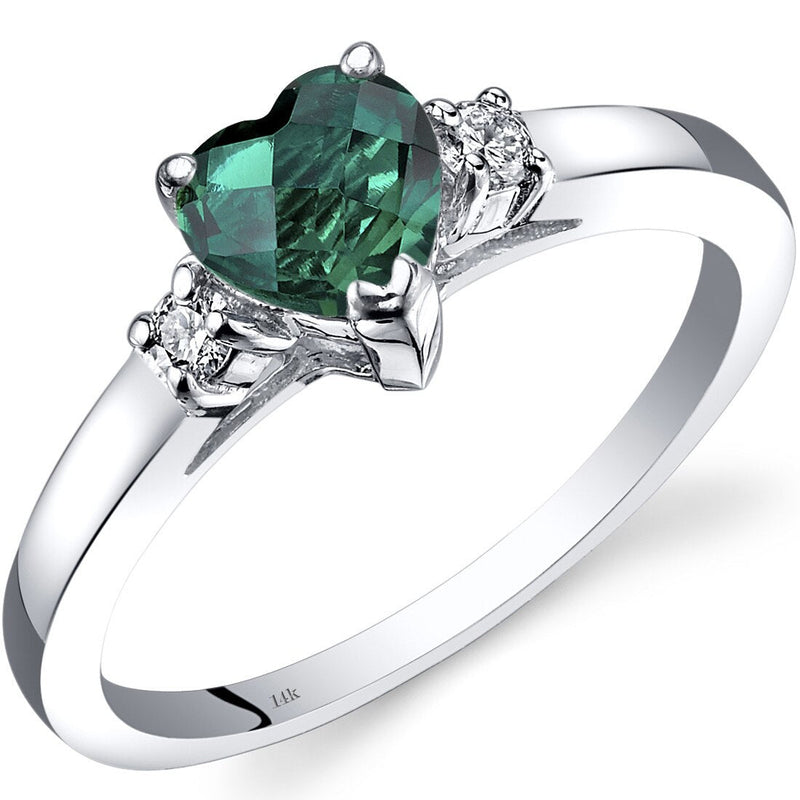 14K White Gold Created Emerald Diamond Heart Ring 0.75 Carat