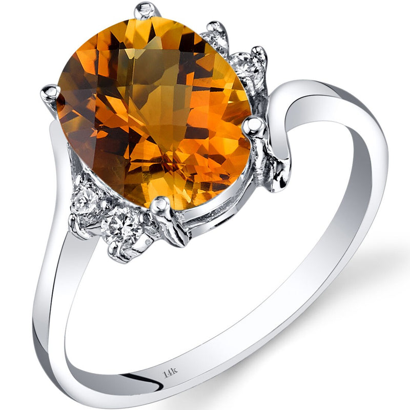 14K White Gold Citrine Diamond Bypass Ring 2.25 Carat