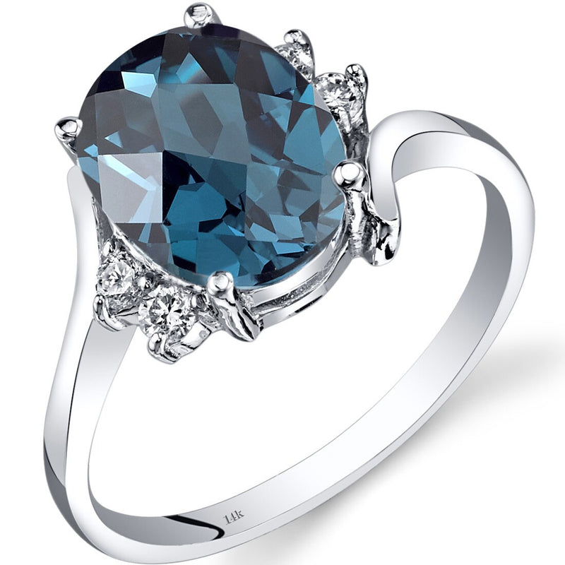 14K White Gold London Blue Topaz Diamond Bypass Ring 2.75 Carat