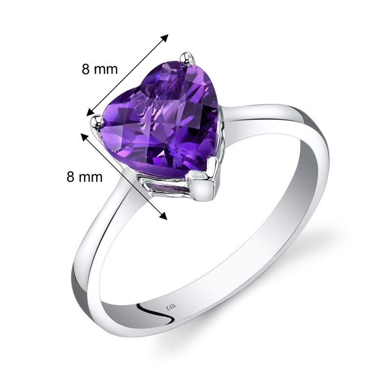 14K White Gold Amethyst Heart Solitaire Ring 1.50 Carat