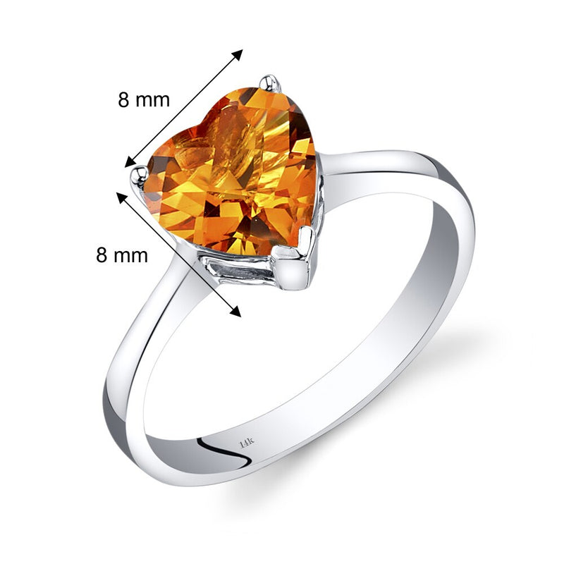 14K White Gold Citrine Heart Solitaire Ring 1.50 Carat