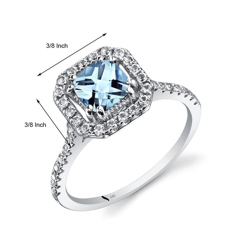 14K White Gold Aquamarine Cushion Cut Halo Ring 0.75 Carats