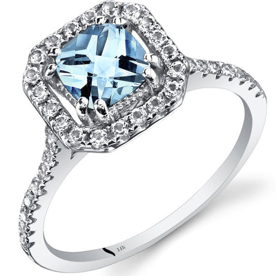 14K White Gold Aquamarine Cushion Cut Halo Ring 0.75 Carats