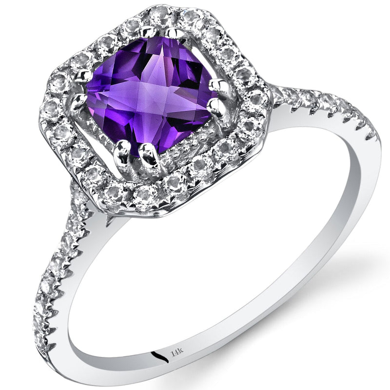 14K White Gold Amethyst Cushion Cut Halo Ring 0.75 Carats