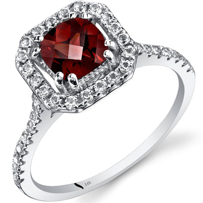 14K White Gold Garnet Cushion Cut Halo Ring 1.00 Carats