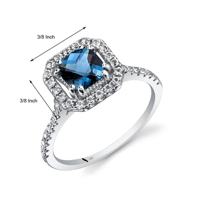 14K White Gold London Blue Topaz Cushion Cut Halo Ring 1.00 Carats