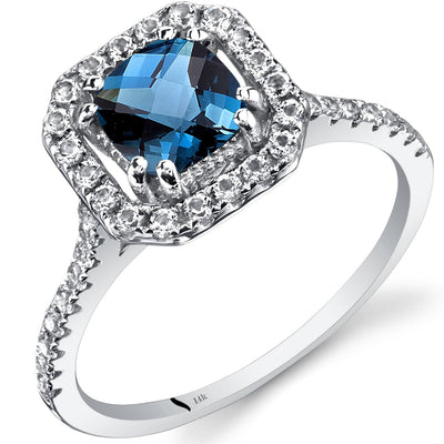 14K White Gold London Blue Topaz Cushion Cut Halo Ring 1.00 Carats