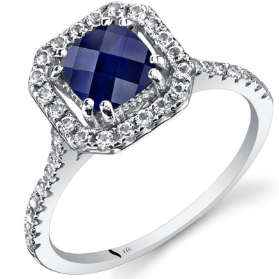 14K White Gold Created Blue Sapphire Cushion Cut Halo Ring 1.00 Carats