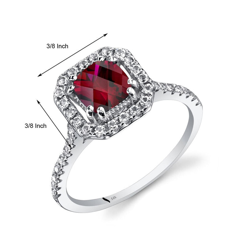 14K White Gold Created Ruby Cushion Cut Halo Ring 1.00 Carats