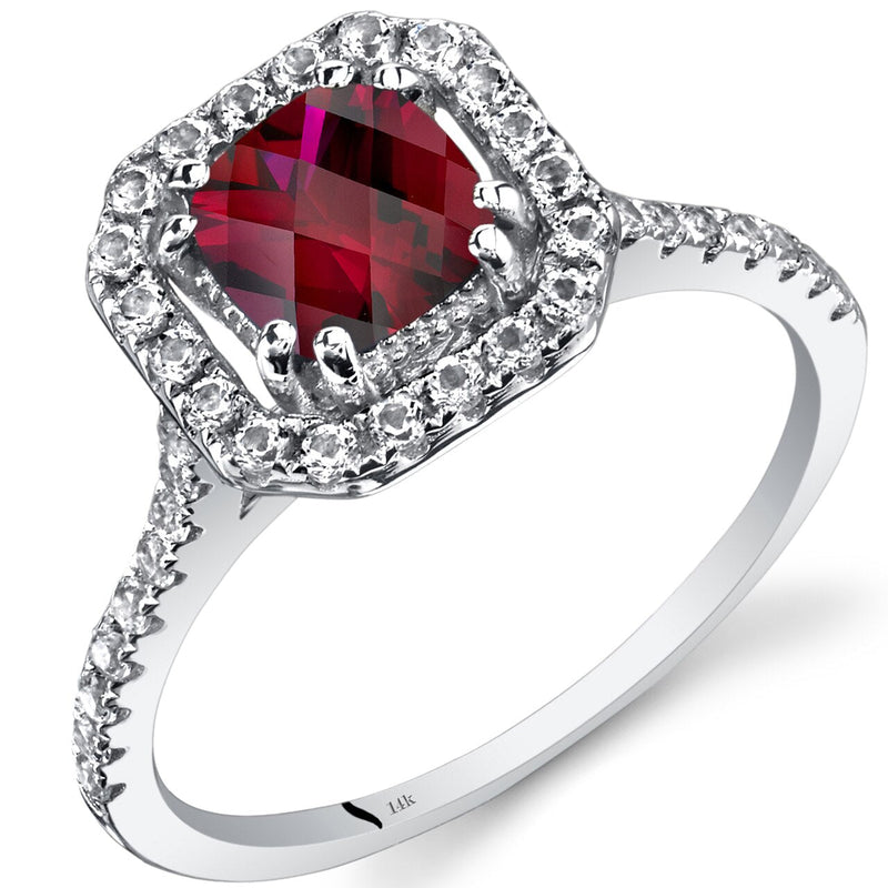 14K White Gold Created Ruby Cushion Cut Halo Ring 1.00 Carats