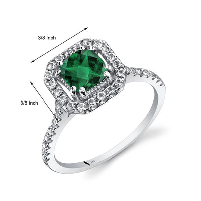 14K White Gold Created Emerald Cushion Cut Halo Ring 0.75 Carats