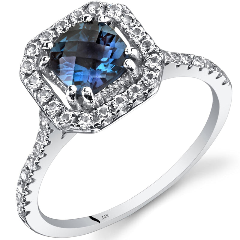 14K White Gold Created Alexandrite Cushion Cut Halo Ring 1.00 Carats