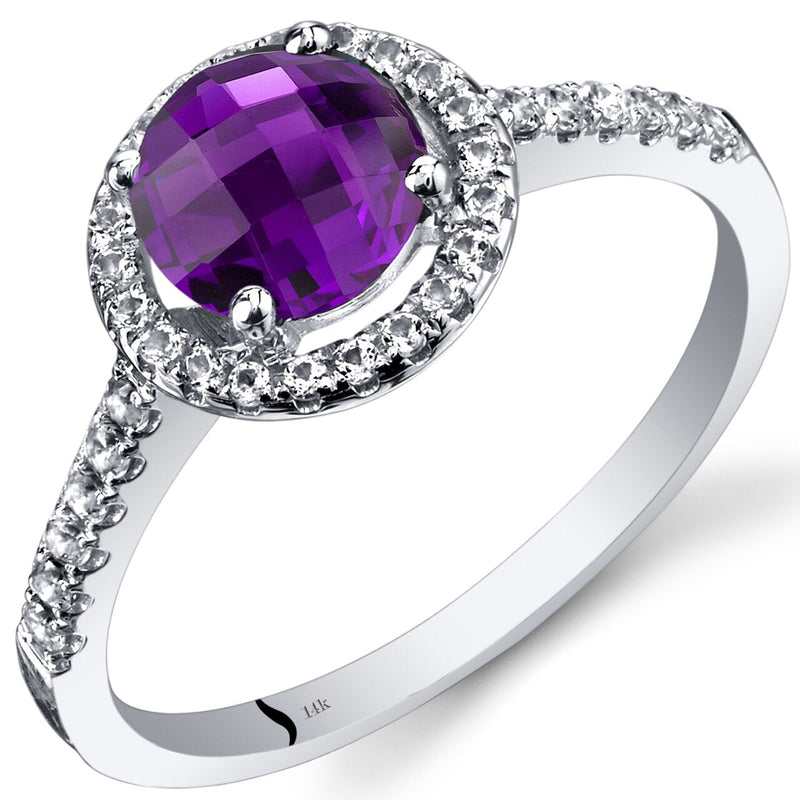 14K White Gold Amethyst Halo Ring Round Checkerboard Cut 1.00 Carats