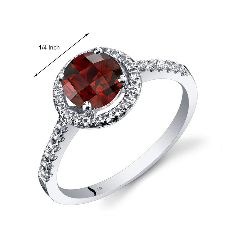 14K White Gold Garnet Halo Ring Round Checkerboard Cut 1.25 Carats