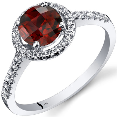 14K White Gold Garnet Halo Ring Round Checkerboard Cut 1.25 Carats