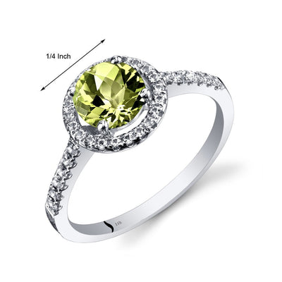 14K White Gold Peridot Halo Ring Round Checkerboard Cut 1.00 Carats