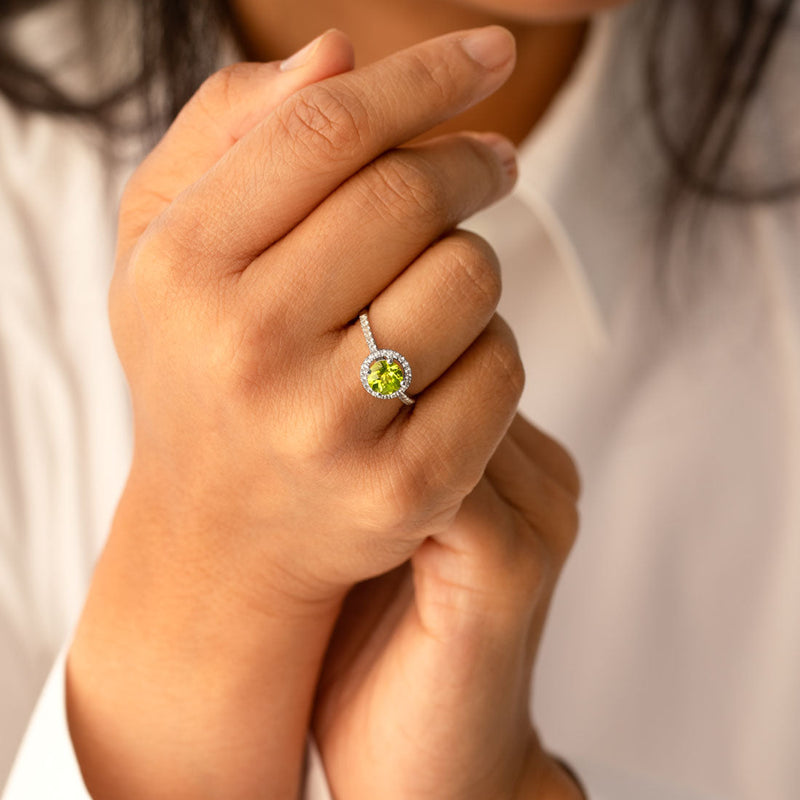 14K White Gold Peridot Halo Ring Round Checkerboard Cut 1.00 Carats