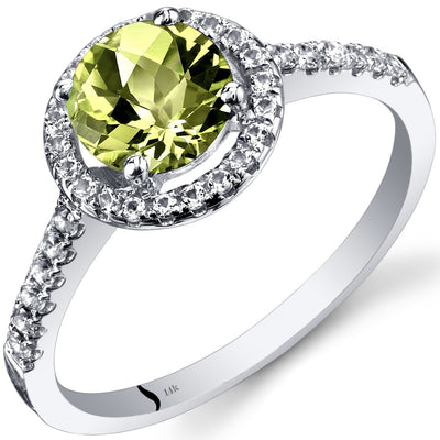 14K White Gold Peridot Halo Ring Round Checkerboard Cut 1.00 Carats