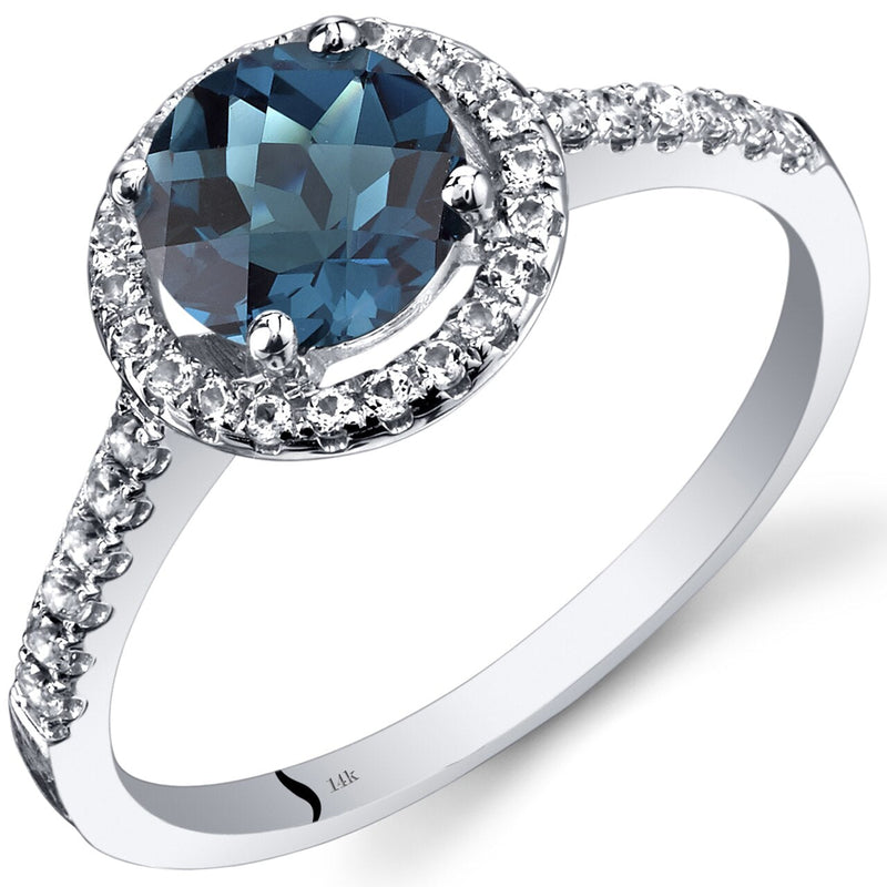 14K White Gold London Blue Topaz Halo Ring Round Checkerboard Cut 1.25 Carats