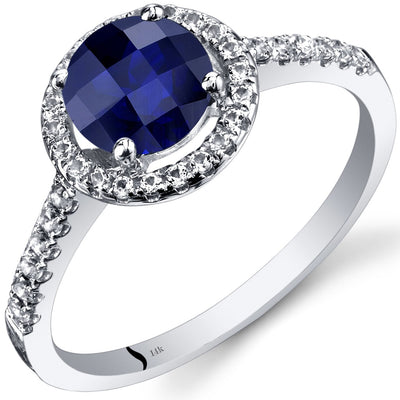 14K White Gold Created Blue Sapphire Halo Ring Round Checkerboard Cut 1.50 Carats