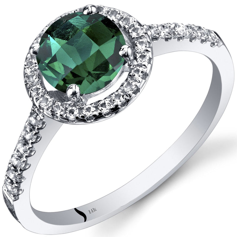 14K White Gold Created Emerald Halo Ring Round Checkerboard Cut 1.00 Carats