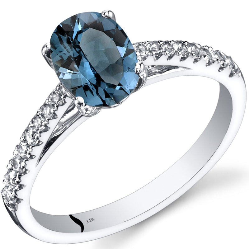 14K White Gold London Blue Topaz Ring Oval Cut 1.25 Carats