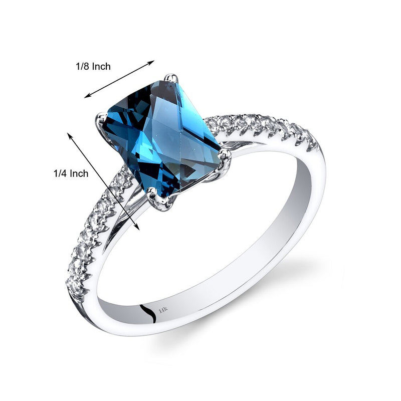 14K White Gold London Blue Topaz Ring Radiant Cut 1.75 Carats