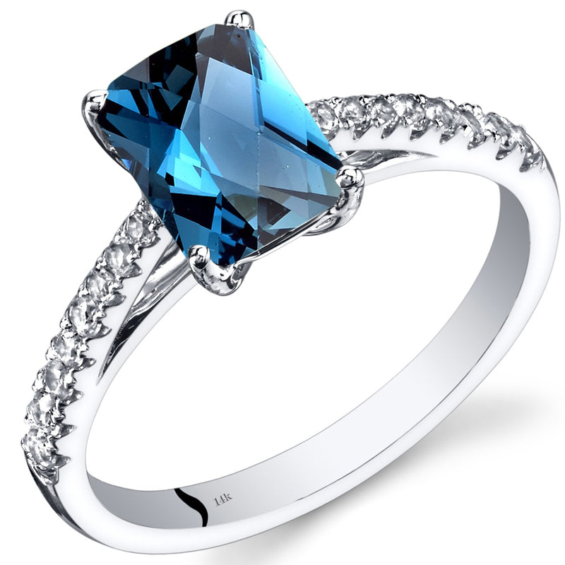 14K White Gold London Blue Topaz Ring Radiant Cut 1.75 Carats