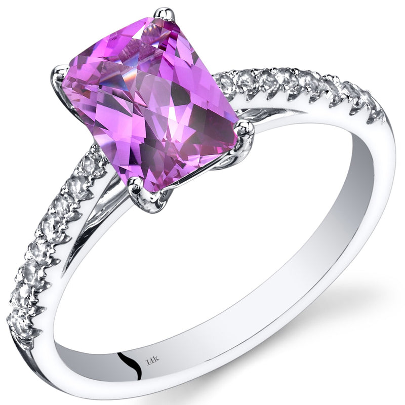 14K White Gold Created Pink Sapphire Ring Radiant Cut 2.00 Carats