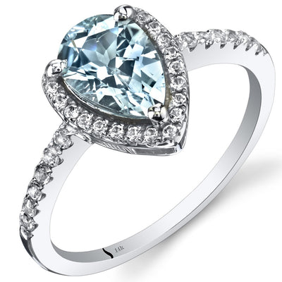 14K White Gold Aquamarine Open Halo Ring Pear Shape 1.00 Carats