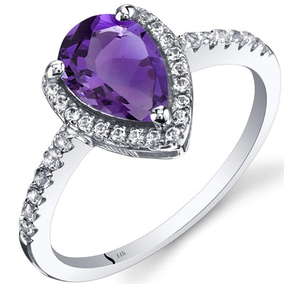 14K White Gold Amethyst Open Halo Ring Pear Shape 1.00 Carats