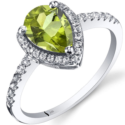 14K White Gold Peridot Open Halo Ring Pear Shape 1.25 Carats