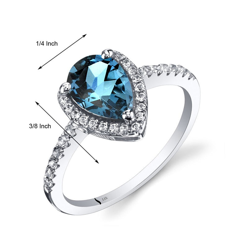 14K White Gold London Blue Topaz Open Halo Ring Pear Shape 1.50 Carats