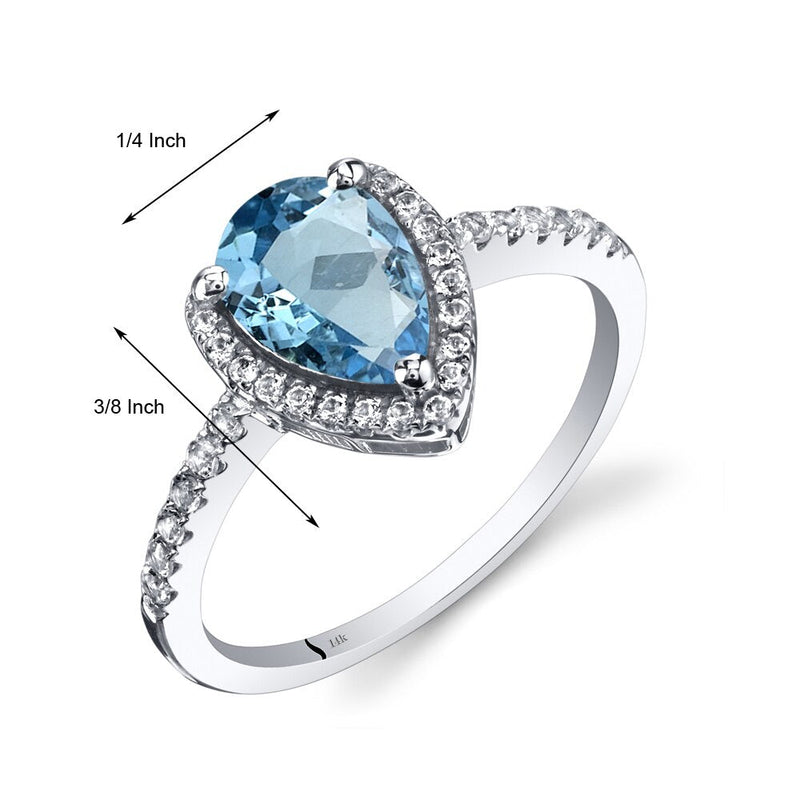 14K White Gold Swiss Blue Topaz Open Halo Ring Pear Shape 1.50 Carats