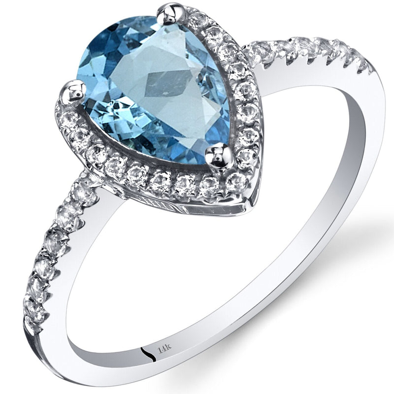 14K White Gold Swiss Blue Topaz Open Halo Ring Pear Shape 1.50 Carats