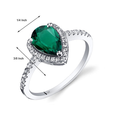 14K White Gold Created Emerald Open Halo Ring Pear Shape 1.25 Carats