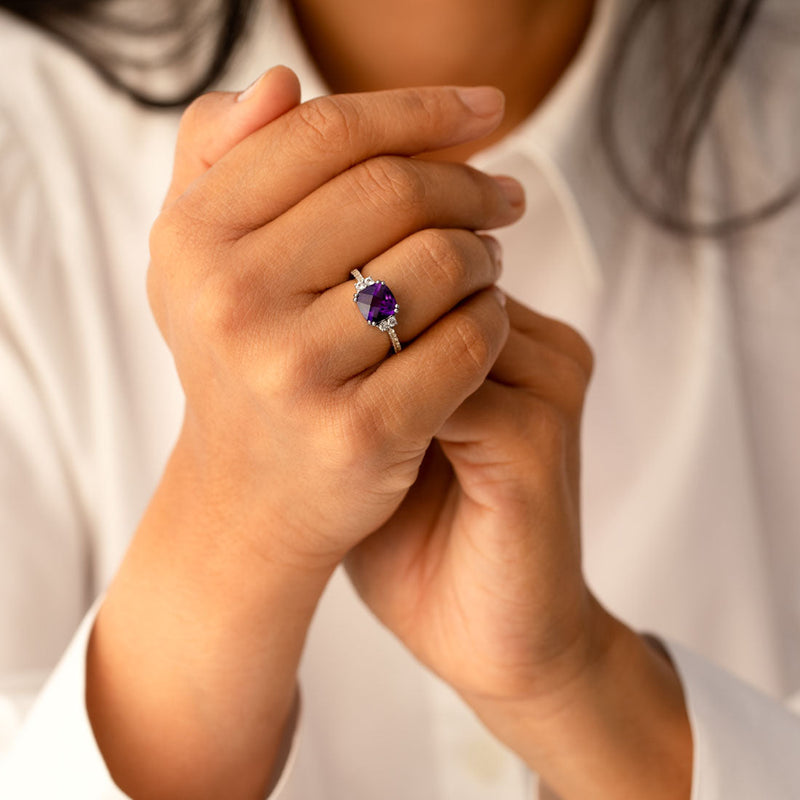 14K White Gold Amethyst Ring Cushion Checkerboard Cut 2.00 Carats