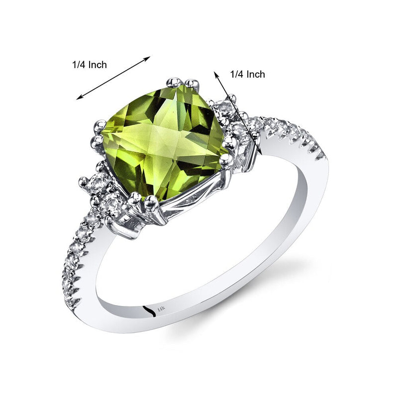 14K White Gold Peridot Ring Cushion Checkerboard Cut 2.25 Carats