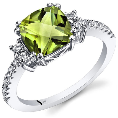 14K White Gold Peridot Ring Cushion Checkerboard Cut 2.25 Carats