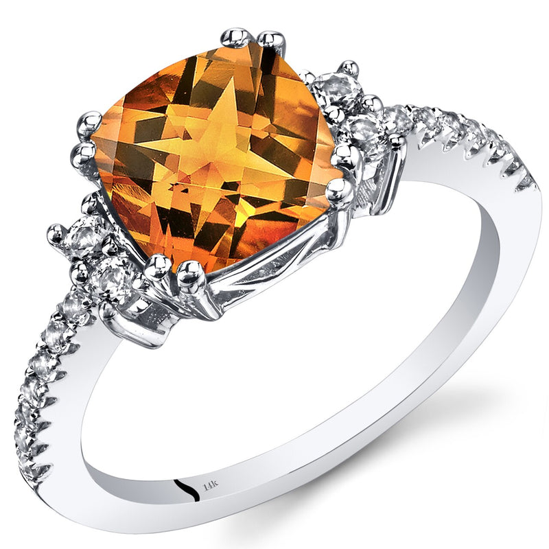 14K White Gold Citrine Ring Cushion Checkerboard Cut 2.00 Carats