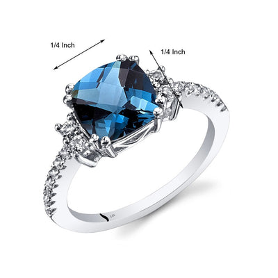 14K White Gold London Blue Topaz Ring Cushion Checkerboard Cut 2.50 Carats-dimensions